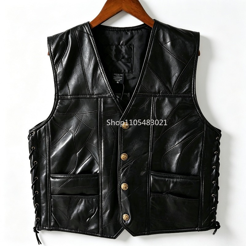 Motorcycle Gear Vest - Herren Schwarze Patchwork-Leder-Bikerweste, Ärmellose Motorradjacke mit